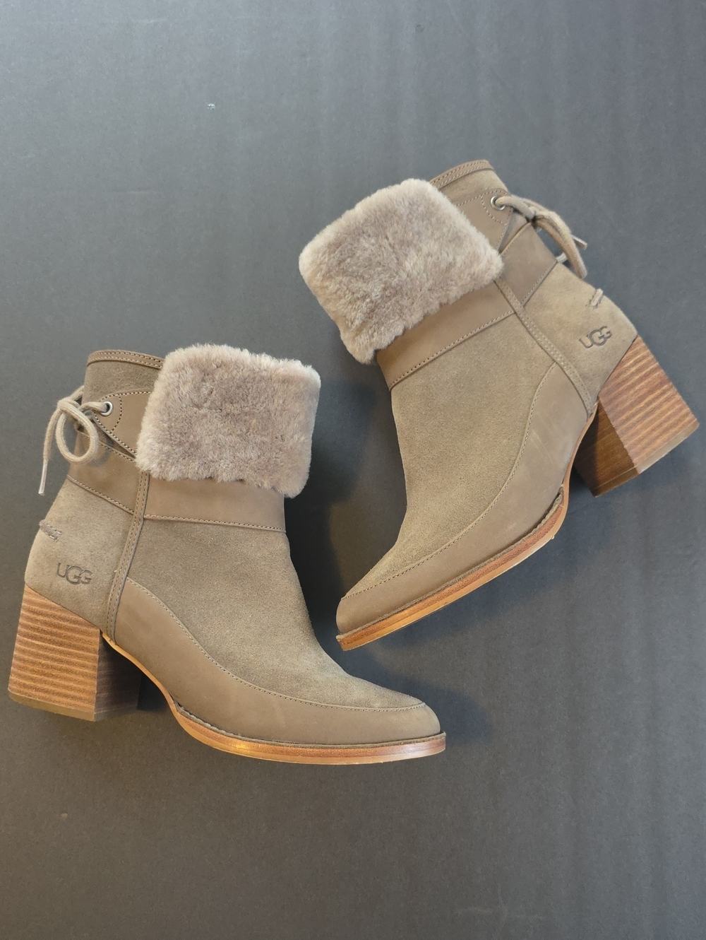 UGG Taupe Suede Shearling Cuff Block Heel Ankle Boots